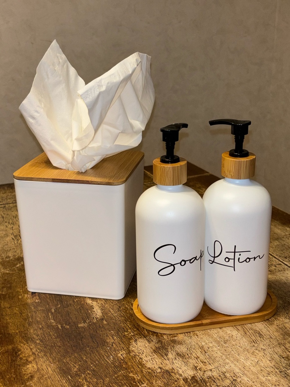 Modern Bamboo Bathroom Set Soap Lotion Dispensers Tissue Box White 3 Pc